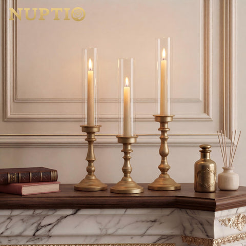 NUPTIO candlestick holders with removable glass hurricane for versatile styling.