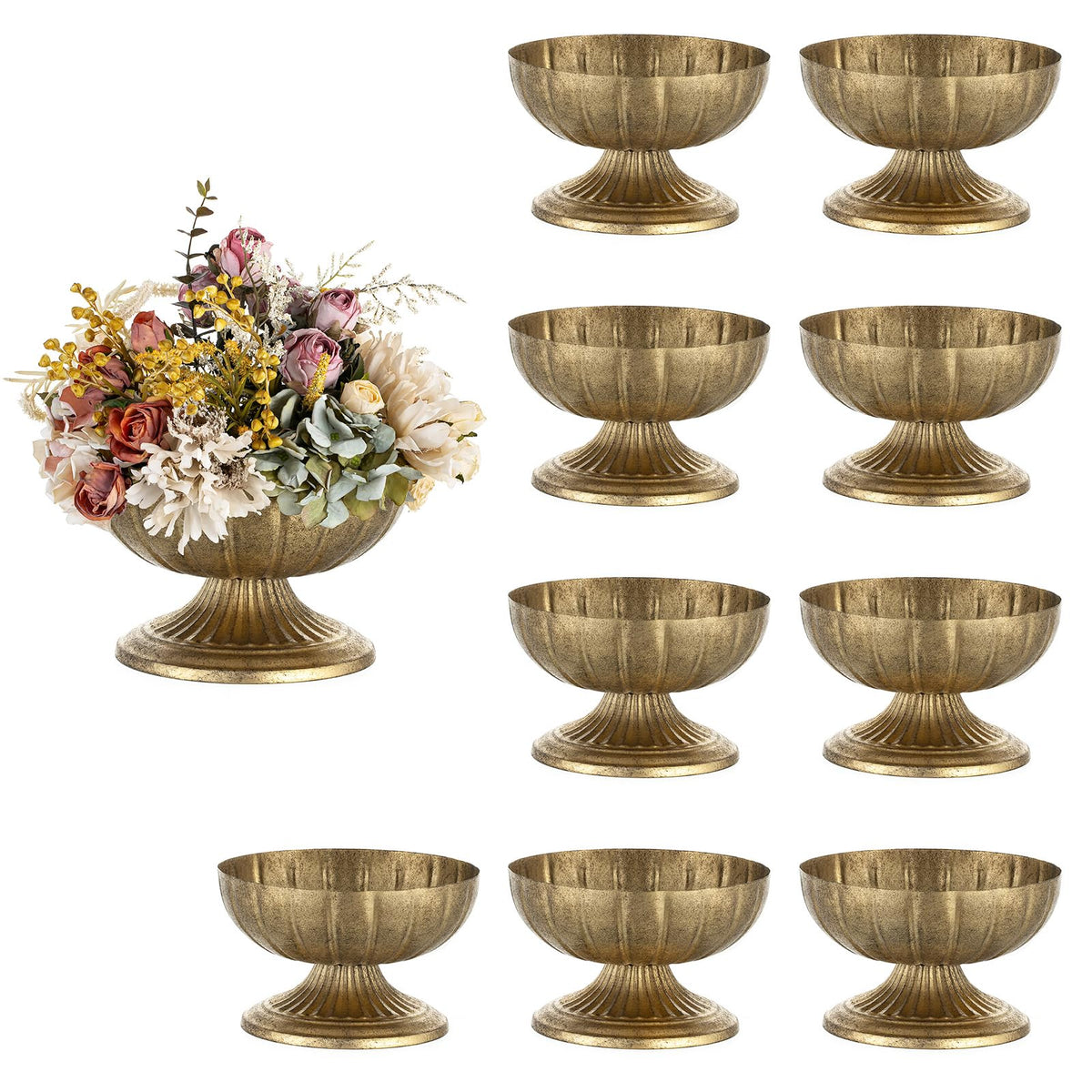NUPTIO Gold Compote Vase with distressed brass finish as an elegant wedding centerpiece