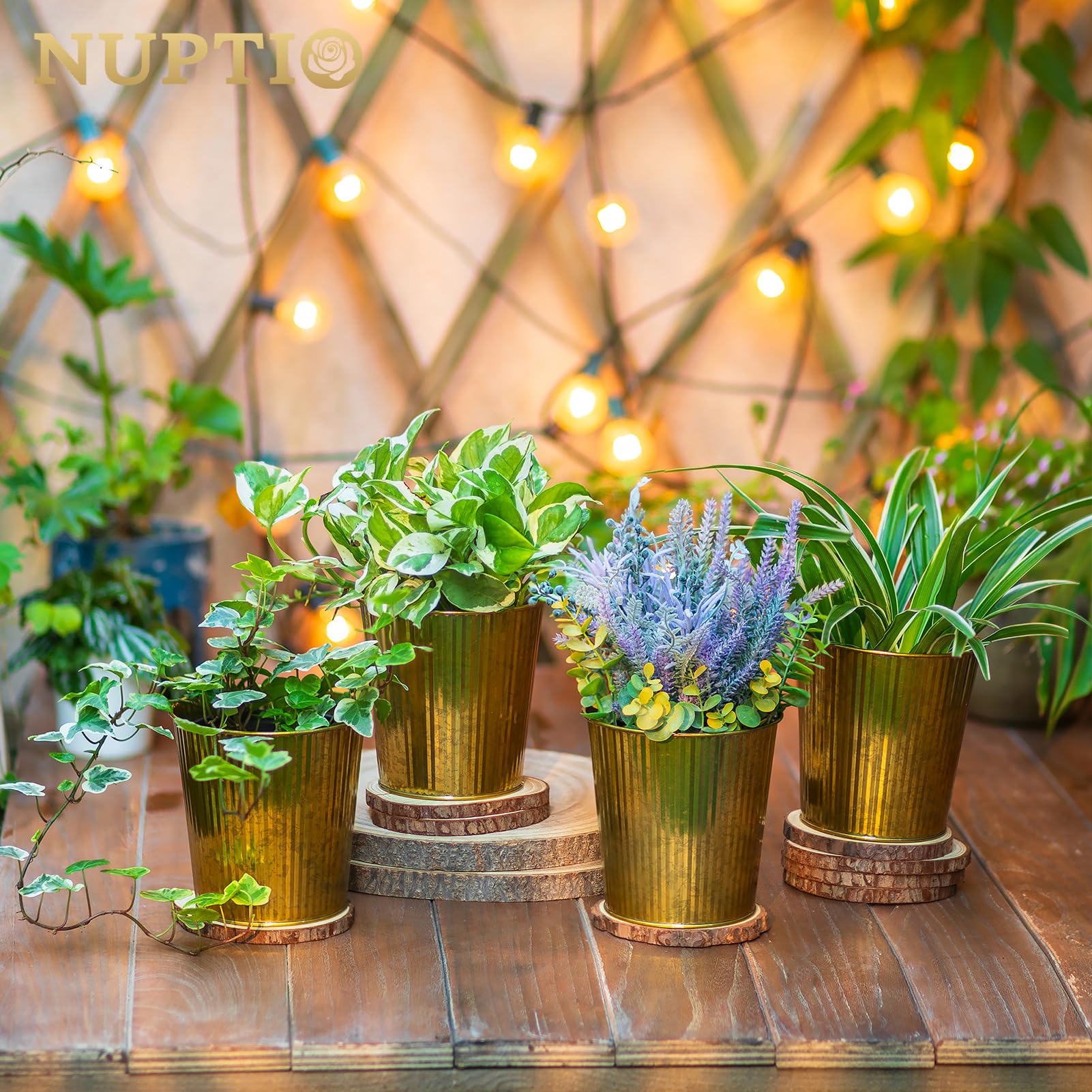 NUPTIO gold galvanized vase on dining table adds rustic charm.