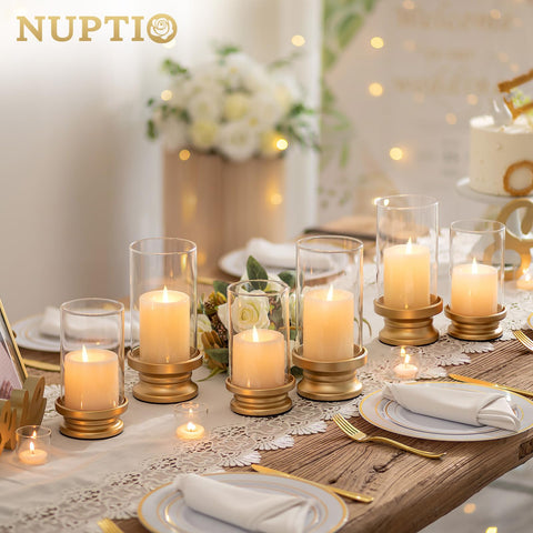 NUPTIO hurricane candle holder with clear glass sleeve showcases candlelight.