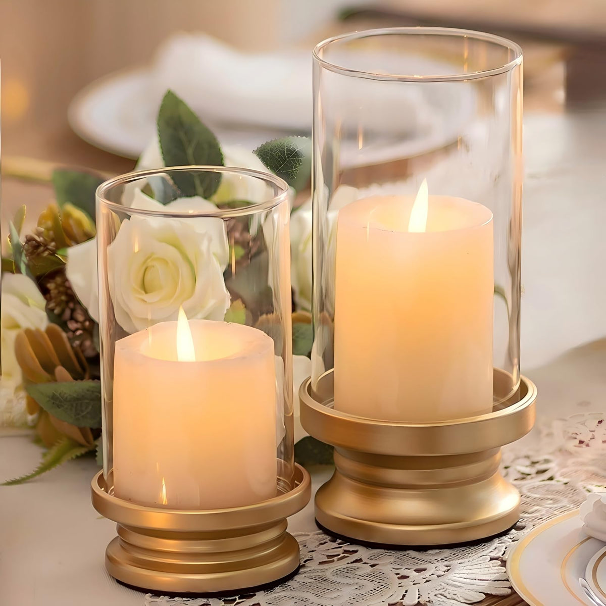 NUPTIO hurricane candle holder small gold adds warm ambiance to dining tables.