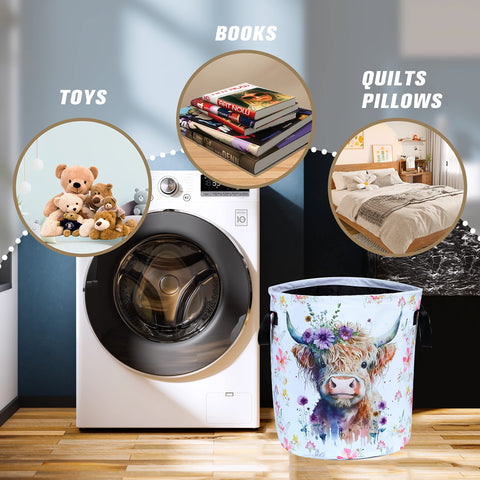 NUTAINLA Highland Cow laundry basket measures 17.7x13.7 inches fits closets.