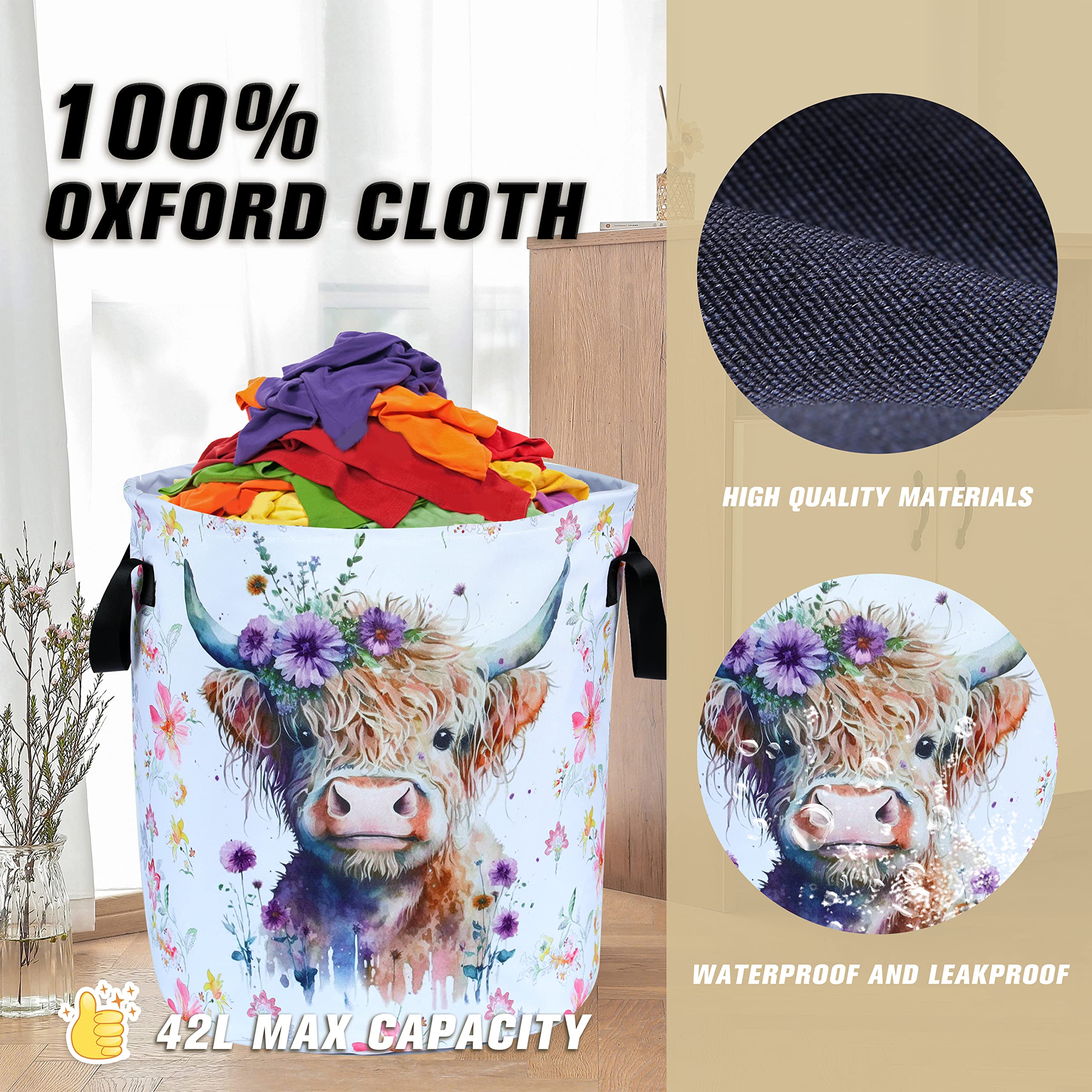 NUTAINLA Highland Cow laundry basket foldable design saves space when not in use.