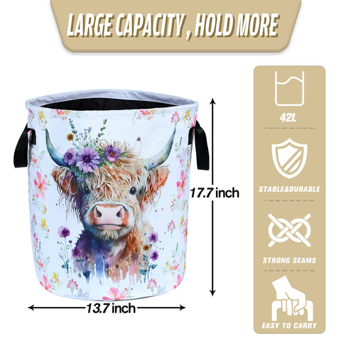 NUTAINLA Highland Cow laundry basket open and standing for easy loading.
