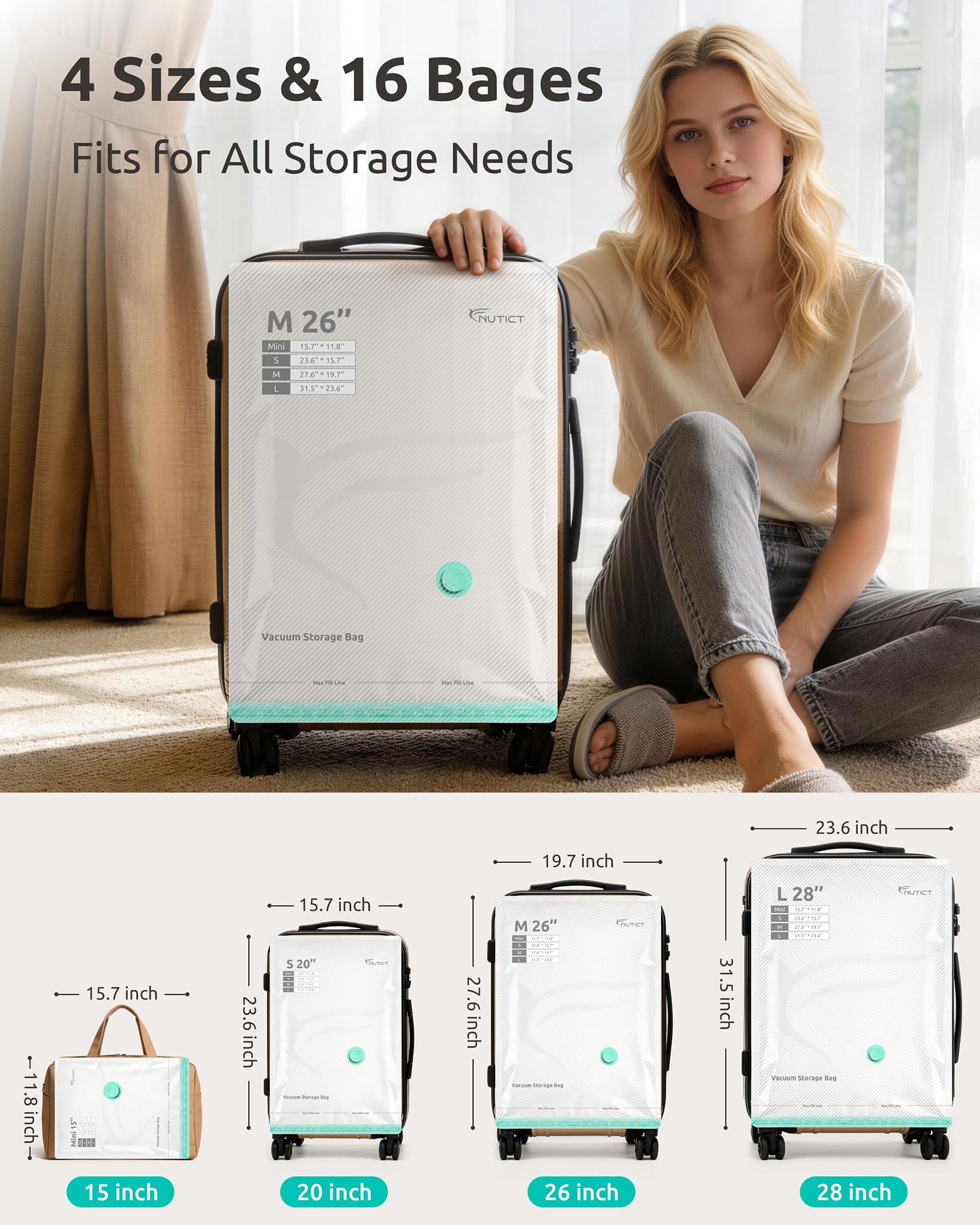 NUTICT Four sizes fit items from socks to blankets for smarter packing.