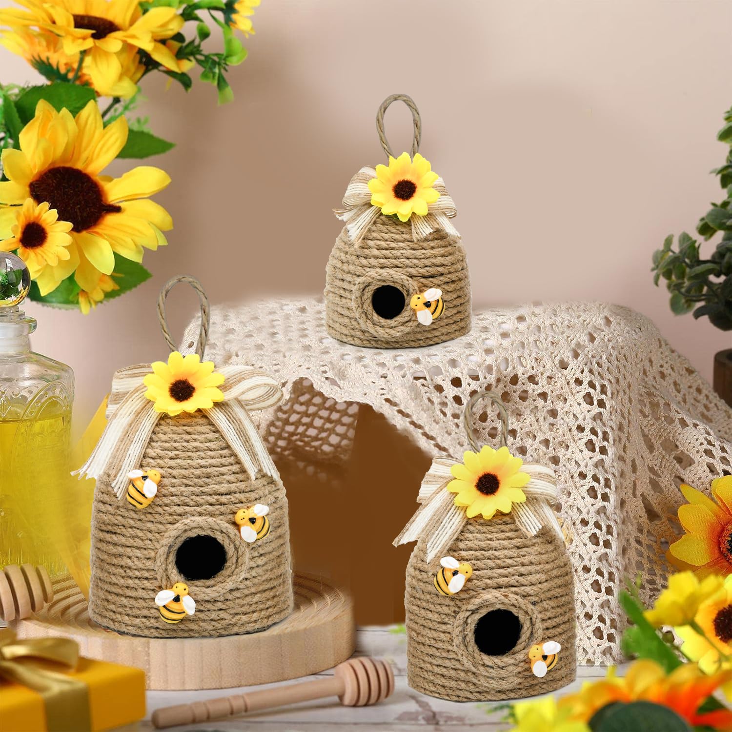Nuvagiki sunflower accents elevate the bee hive scene, perfect for spring tablescapes.