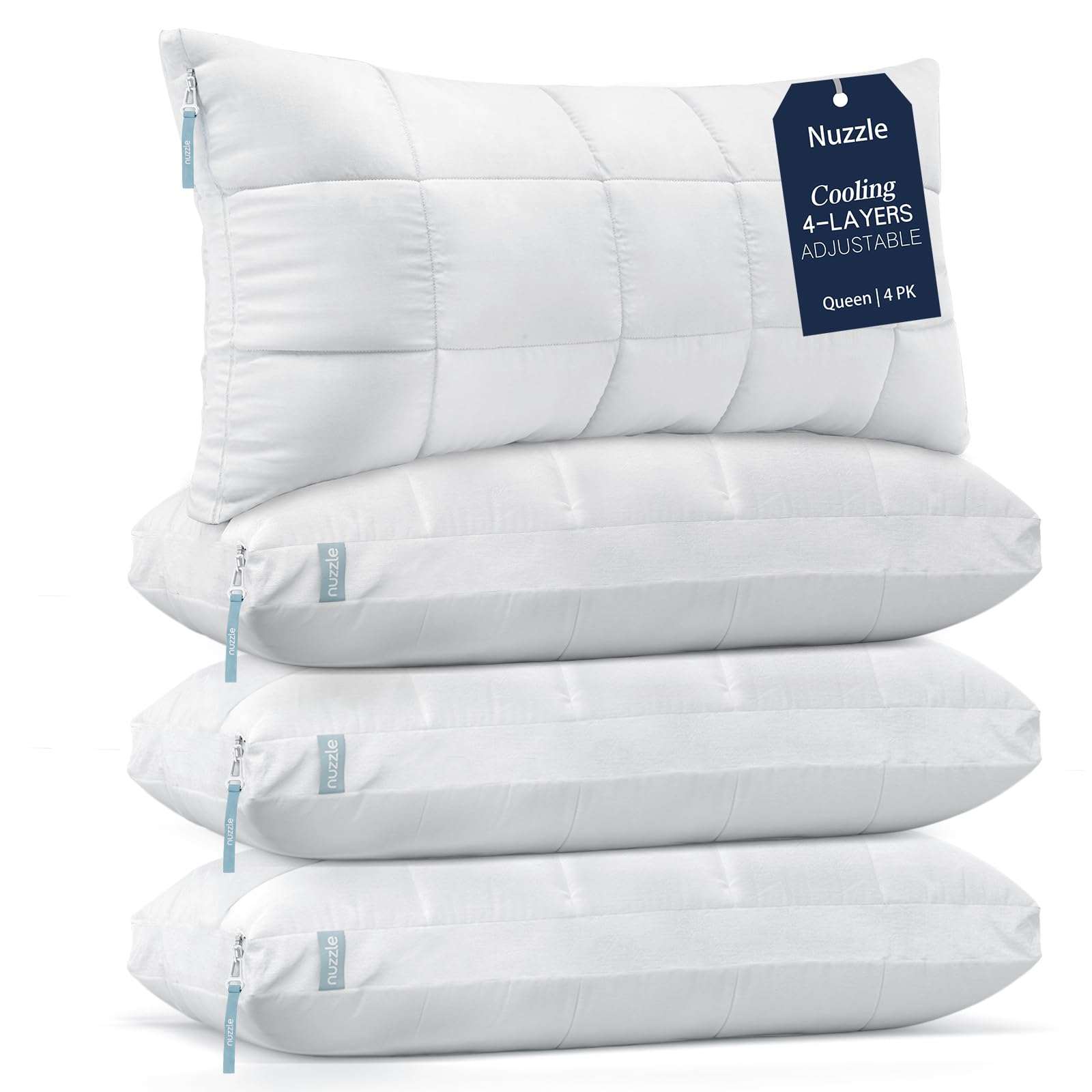 Nuzzle queen set of 4 adjustable pillows offer versatile comfort for all sleep positions.