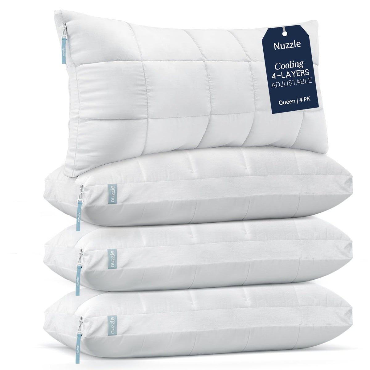 Nuzzle queen set of 4 adjustable pillows offer versatile comfort for all sleep positions.