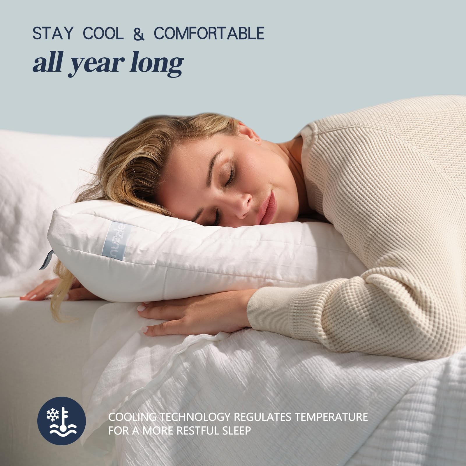 Nuzzle breathable fabric on bed demonstrates cool, comfortable sleep.