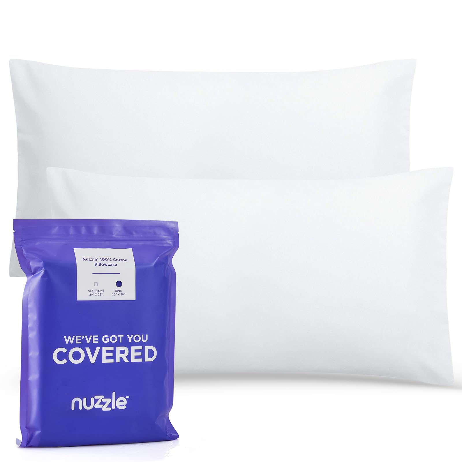 Nuzzle king-size white pillowcase close-up showing soft cotton texture.