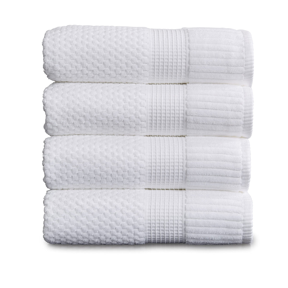 NY Loft four-piece white bath towel set with soft plush texture.