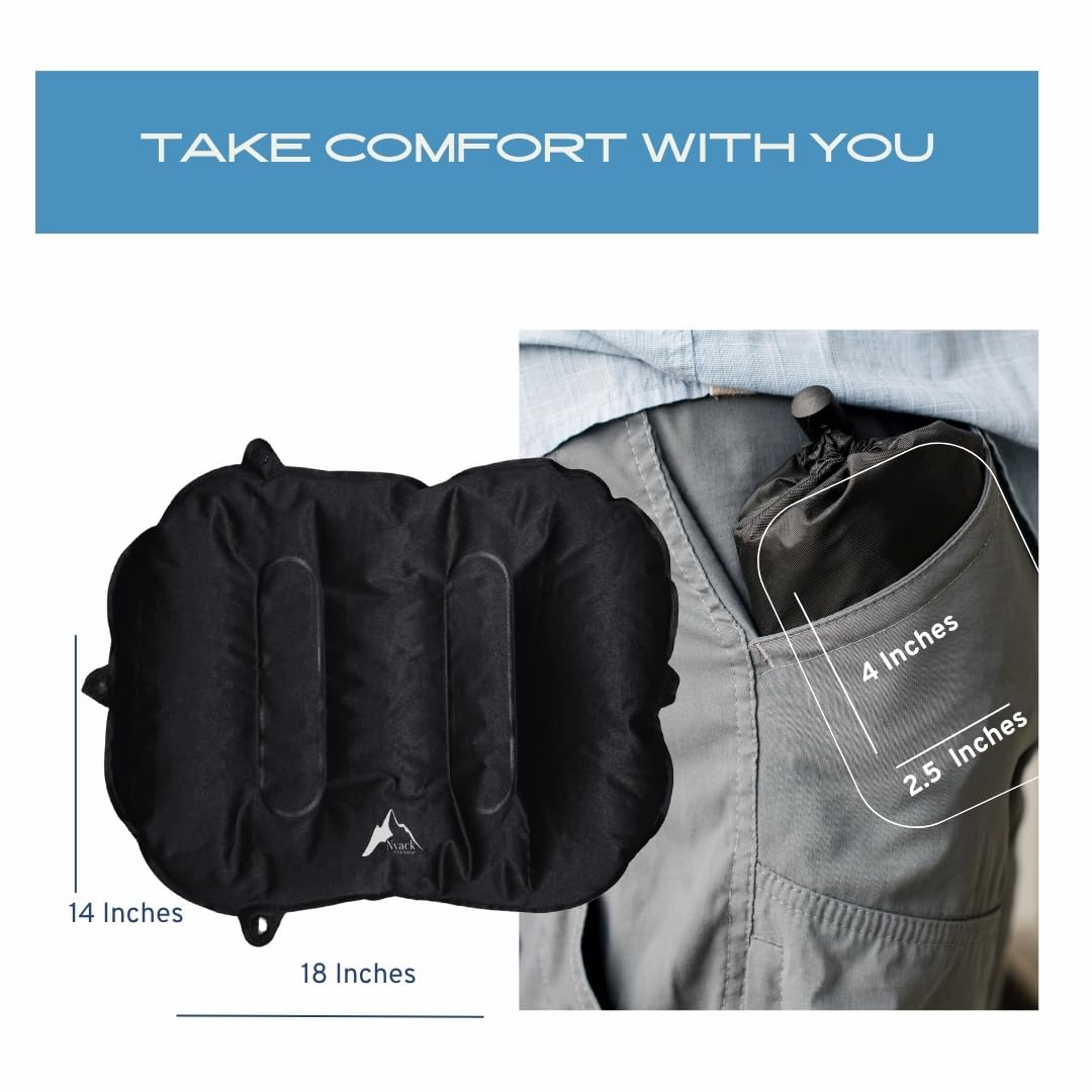 Nyack Exchange Lumbar Pillow on airplane seat provides tailored back support