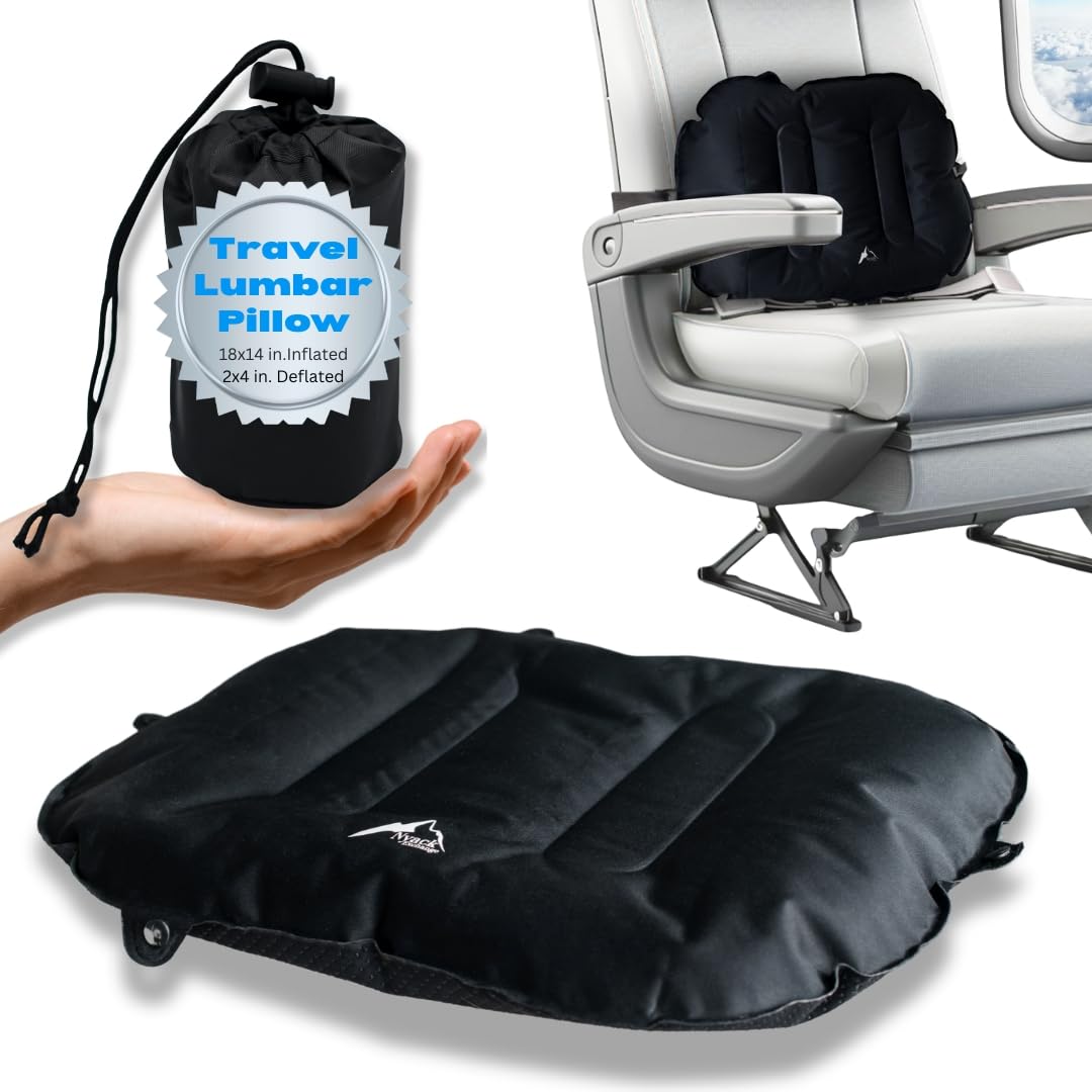 Nyack Exchange Lumbar Pillow inflatable backrest offers comfortable long flights