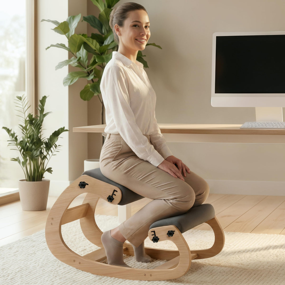 NYPOT ergonomic kneeling chair adjustable seat enhances desk comfort for work sessions.