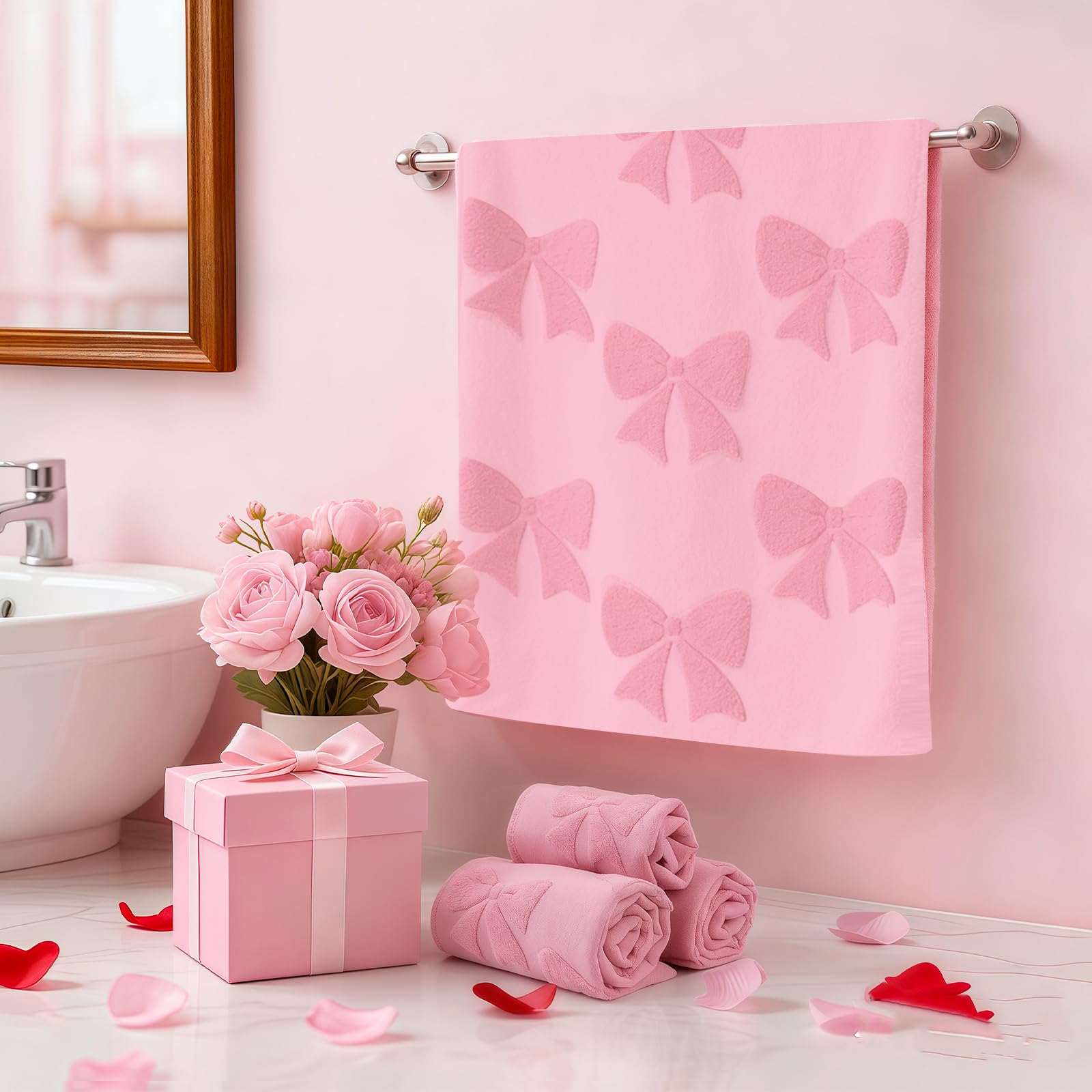 NZNDB pink bow towel set adds elegant decor to any bathroom.