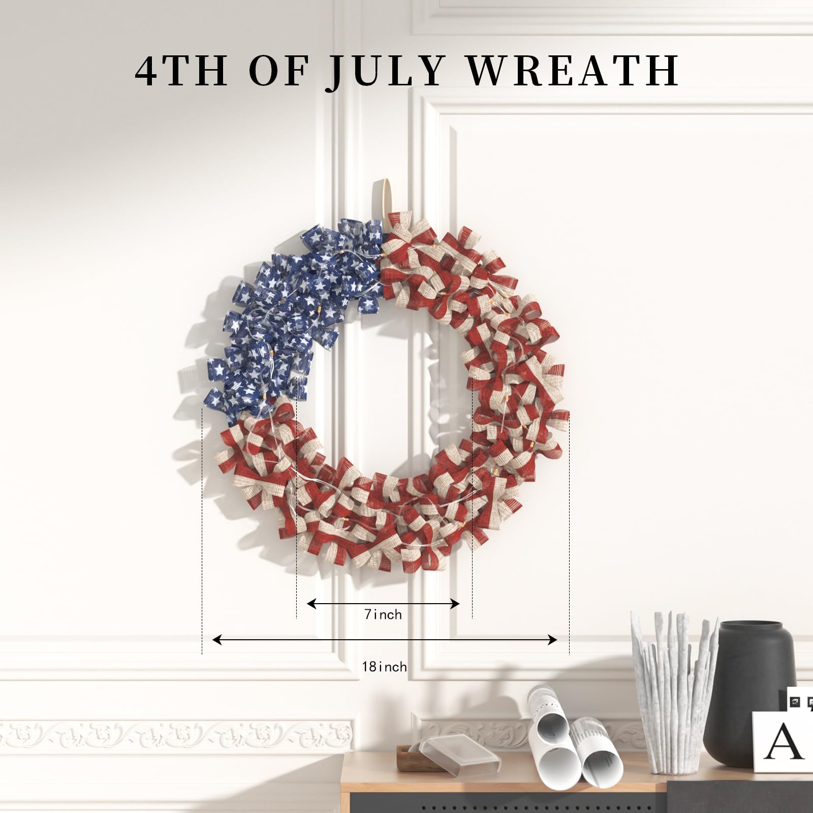 Nztze Patriotic Wreath features stars and stripes on burlap texture.