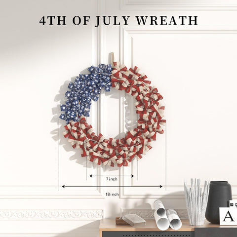 Nztze Patriotic Wreath features stars and stripes on burlap texture.