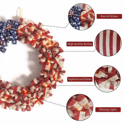 Nztze Patriotic Wreath has a timer light strip for evening ambiance.