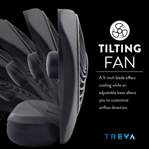 Battery-powered Treva fan with two speeds for flexible cooling.