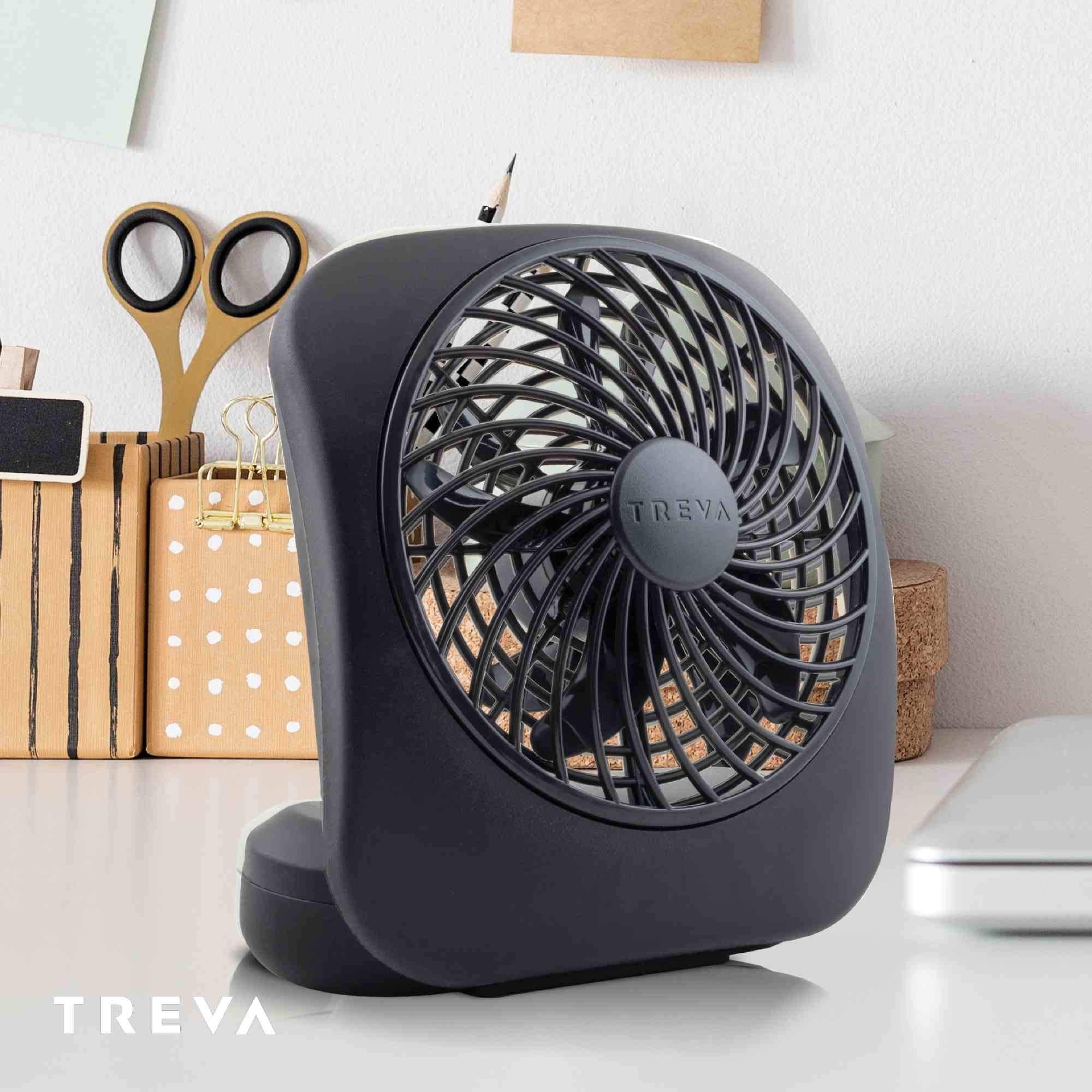 Treva folding desk fan saves space in cubicles and dorm rooms.