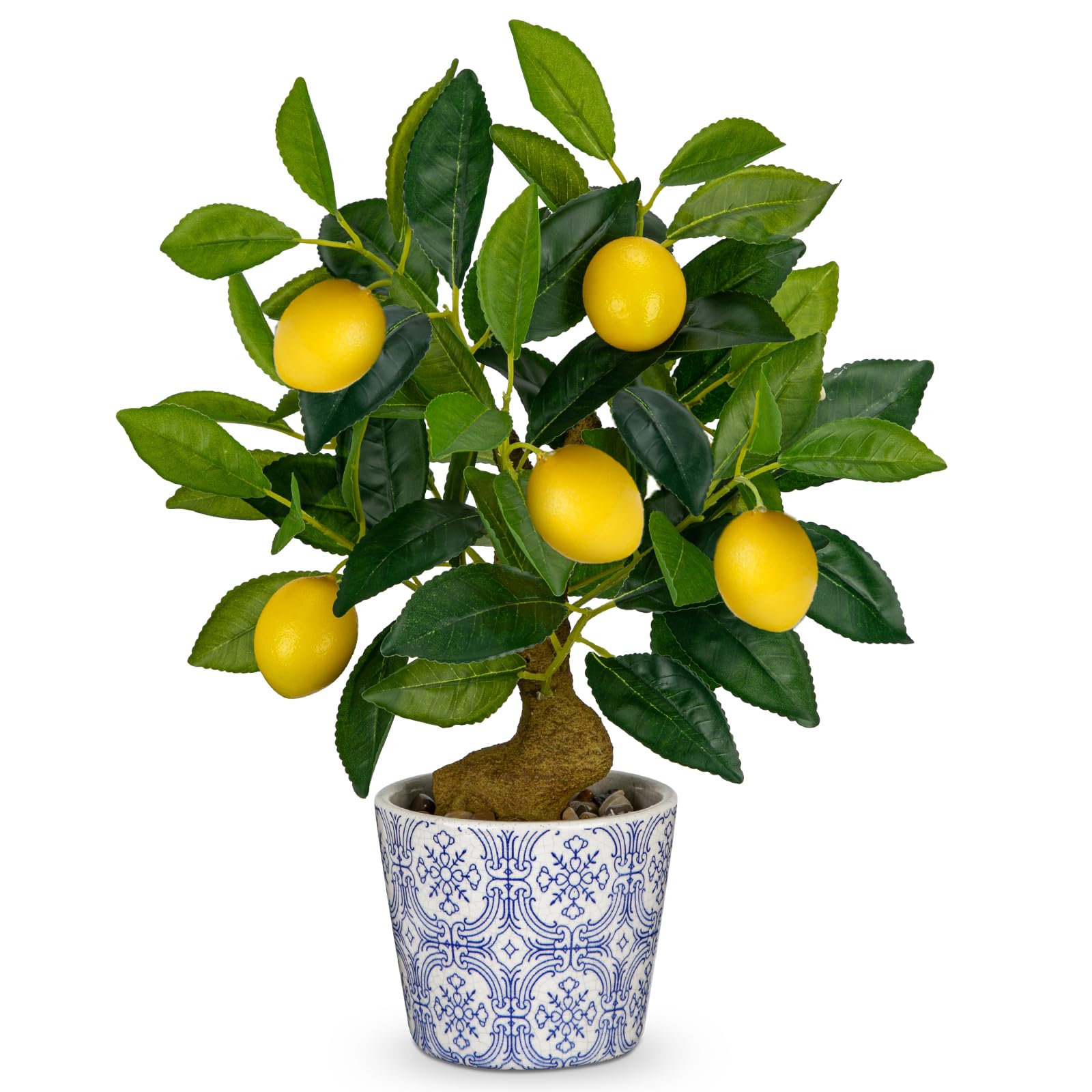 Oairse artificial lemon tree in blue and white pot adds natural height.