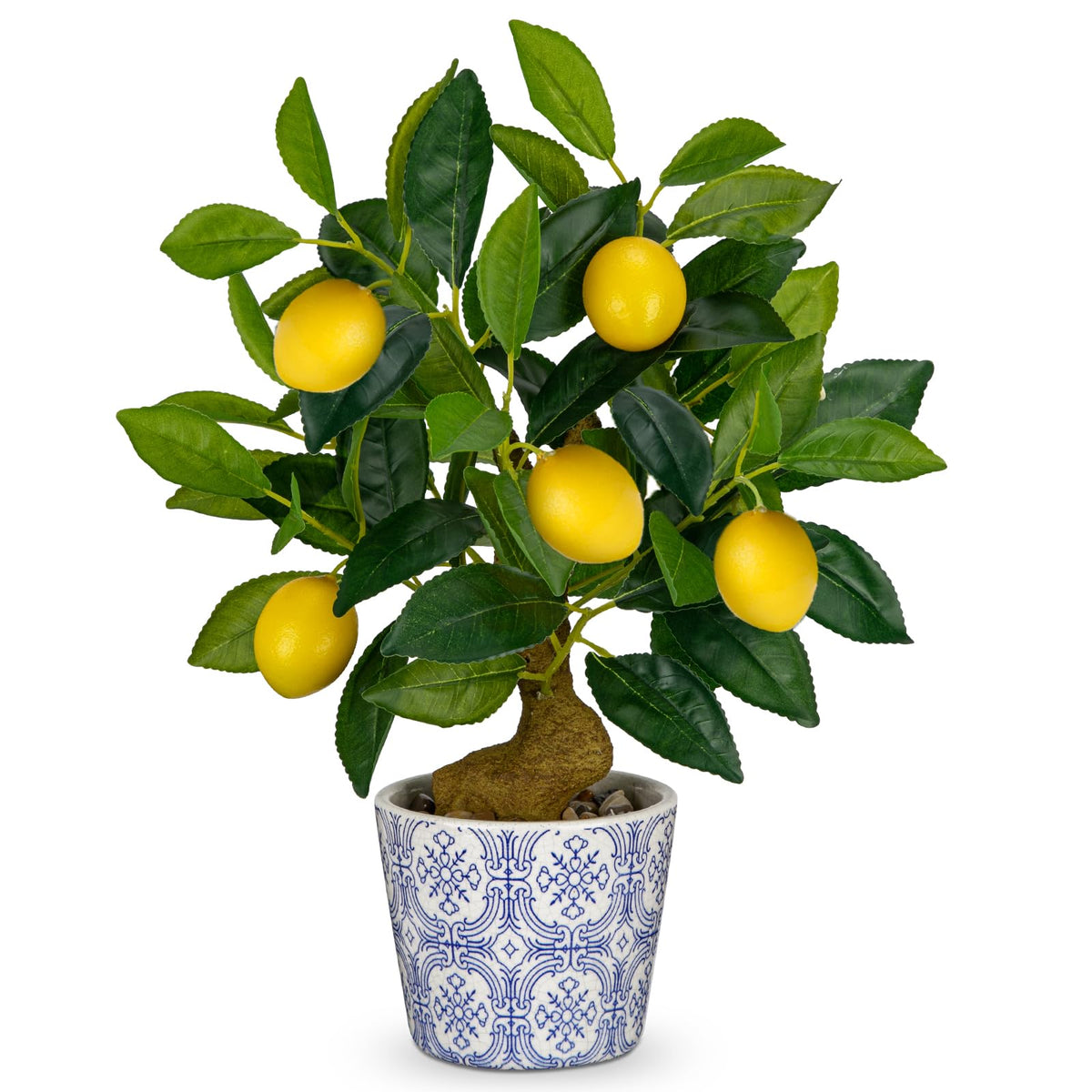 Oairse artificial lemon tree in blue and white pot adds natural height.