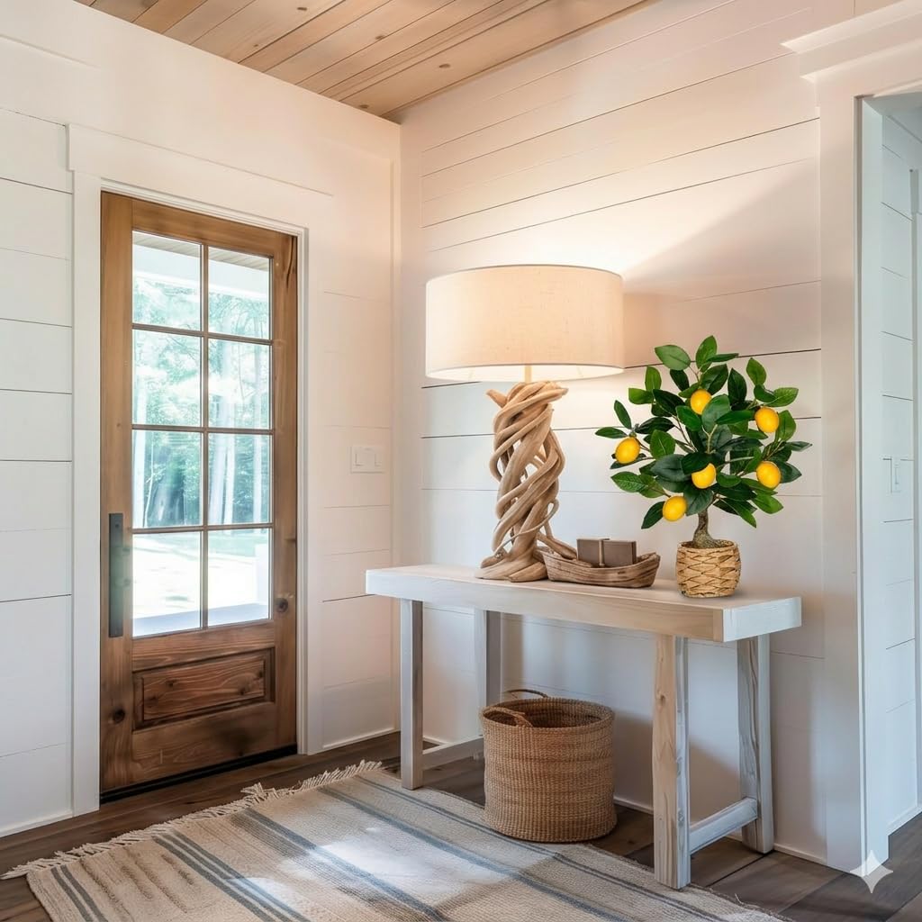 Oairse lemon tree in dining room decor adds brightness.