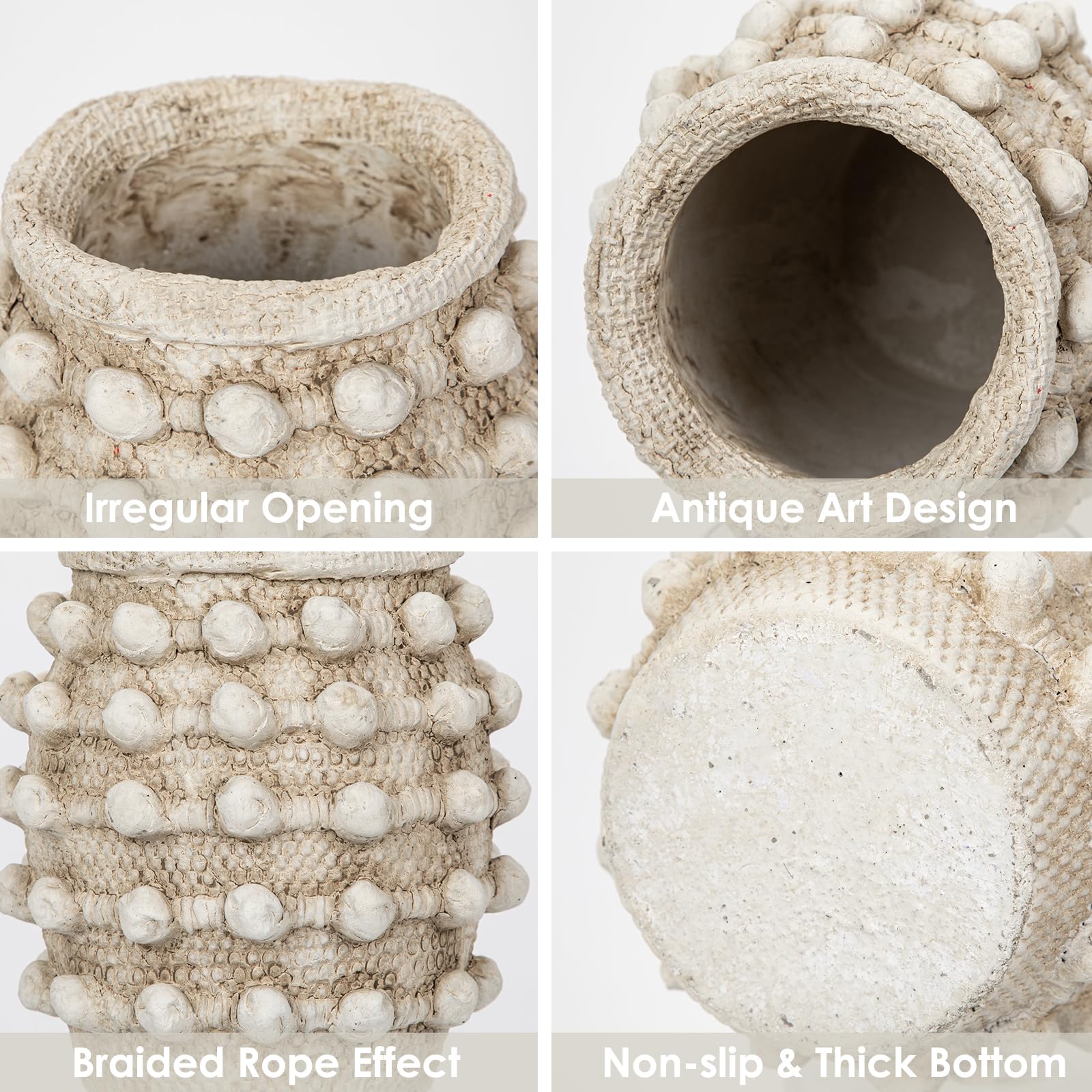 Oairse beige cement vase compact size fits desks and shelves.