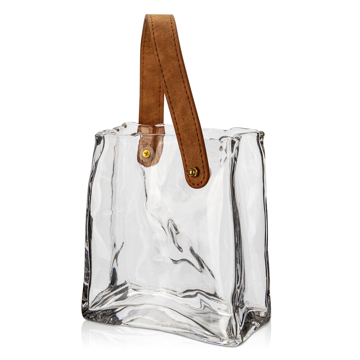 Oairse glass purse vase with clear body and leather handle, showcases fresh flowers beautifully.