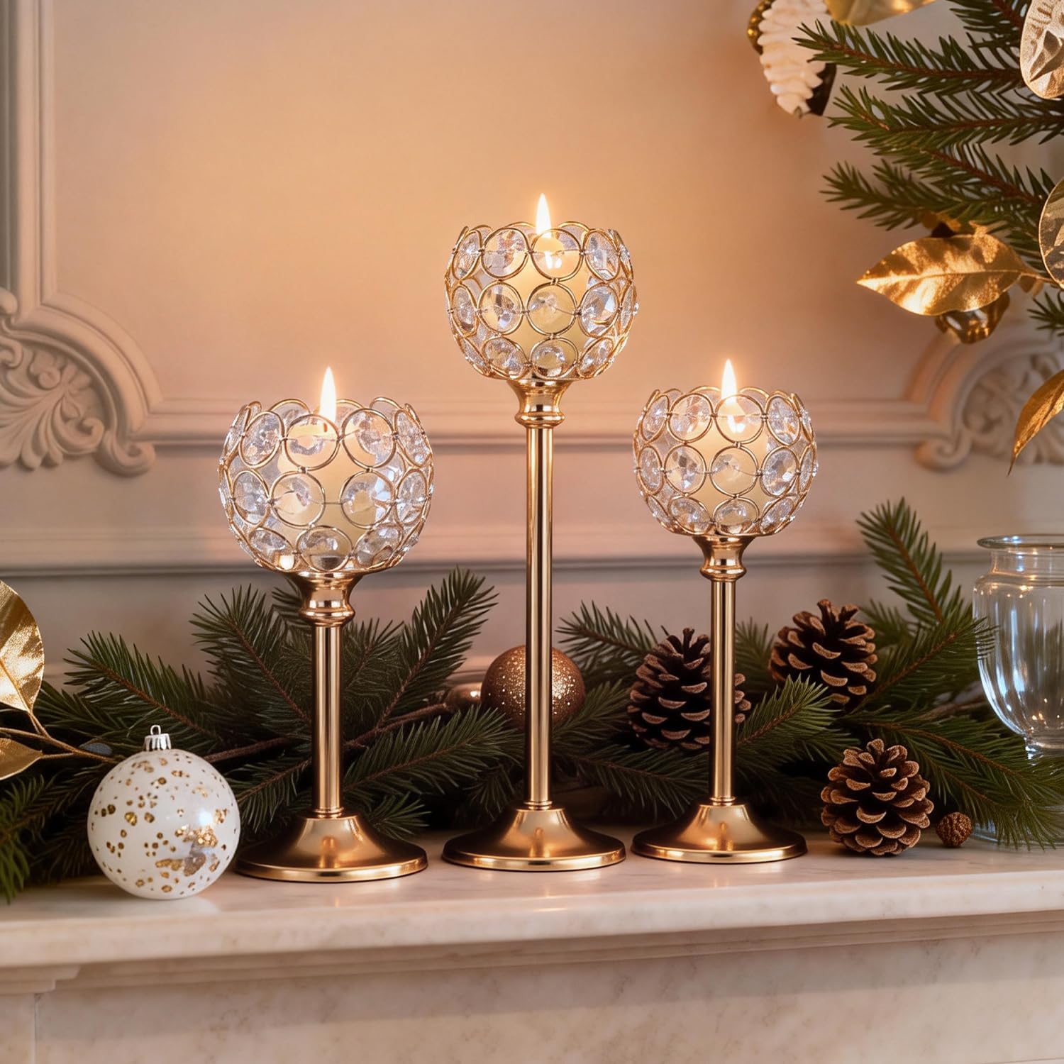 Oakernel Gold Crystal Tealight Holders on a dining table display