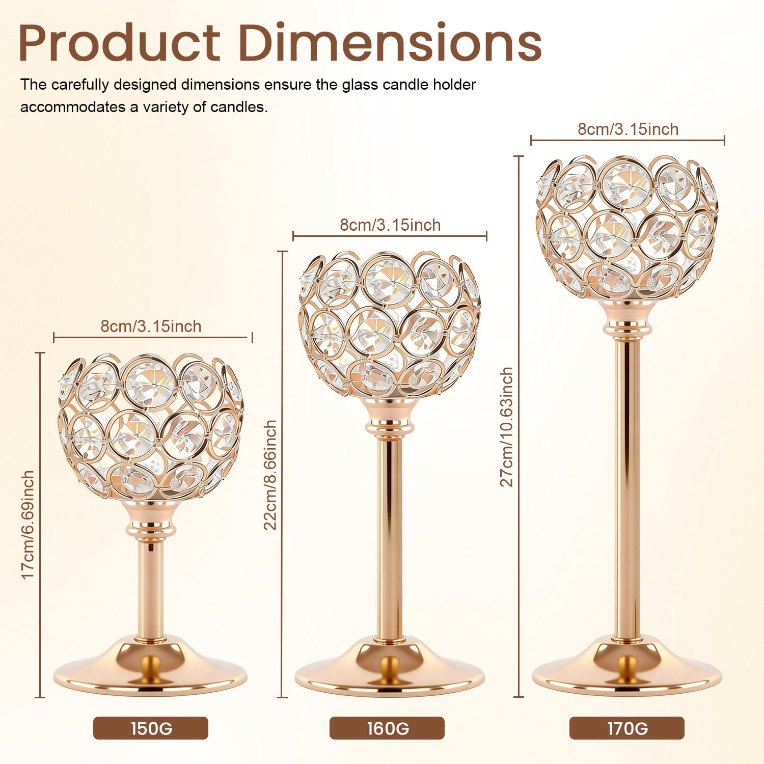 Oakernel Gold Crystal Tealight Holders side view, layered heights visible