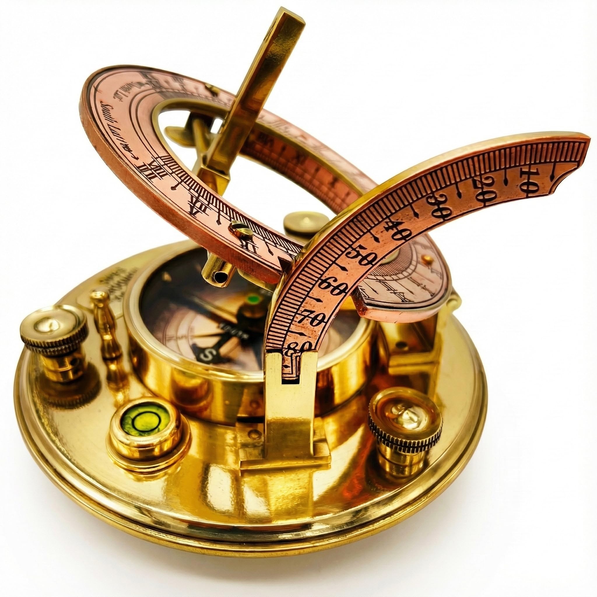 OakiWay brass sundial compass in leather case, 4.1 inch diameter, nautical decor centerpiece.