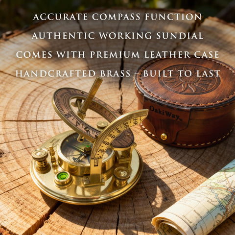 OakiWay leather case with brass sundial, for refined desk or shelf display.