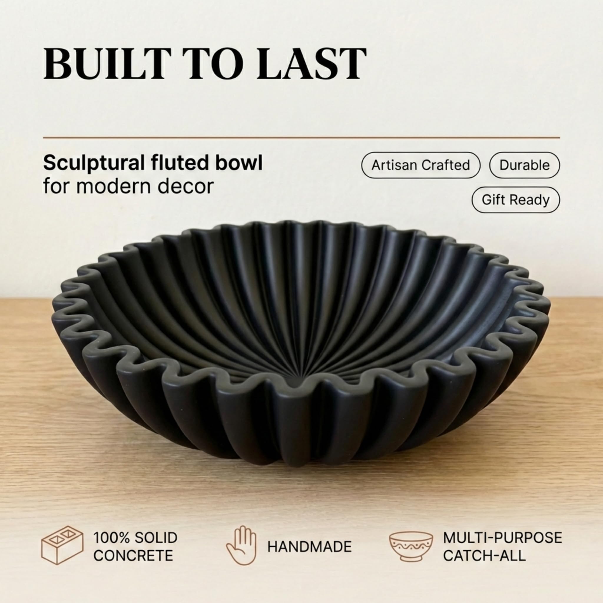 OAKOA concrete black fruit bowl on counter keeps fruit organized and stylish.