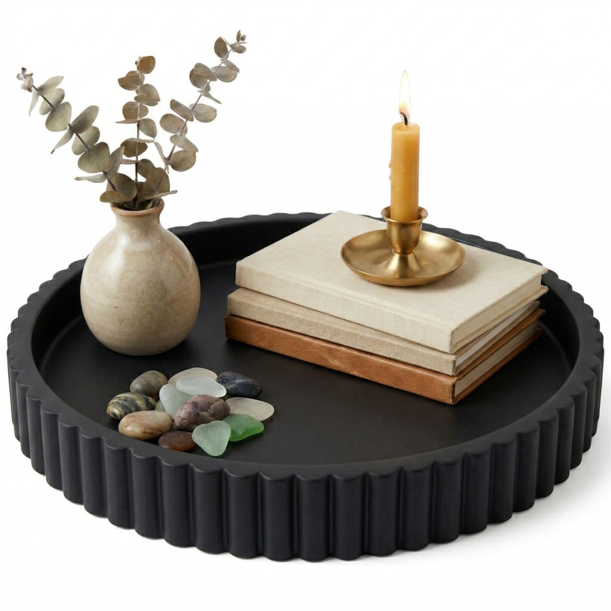 OAKOA round black concrete tray, perfect as a stylish coffee table centerpiece.