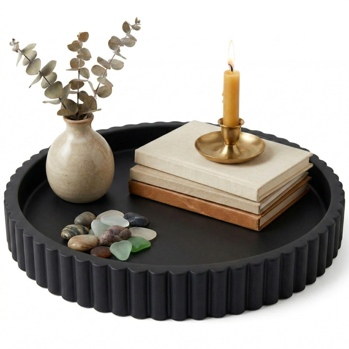 OAKOA round black concrete tray, perfect as a stylish coffee table centerpiece.