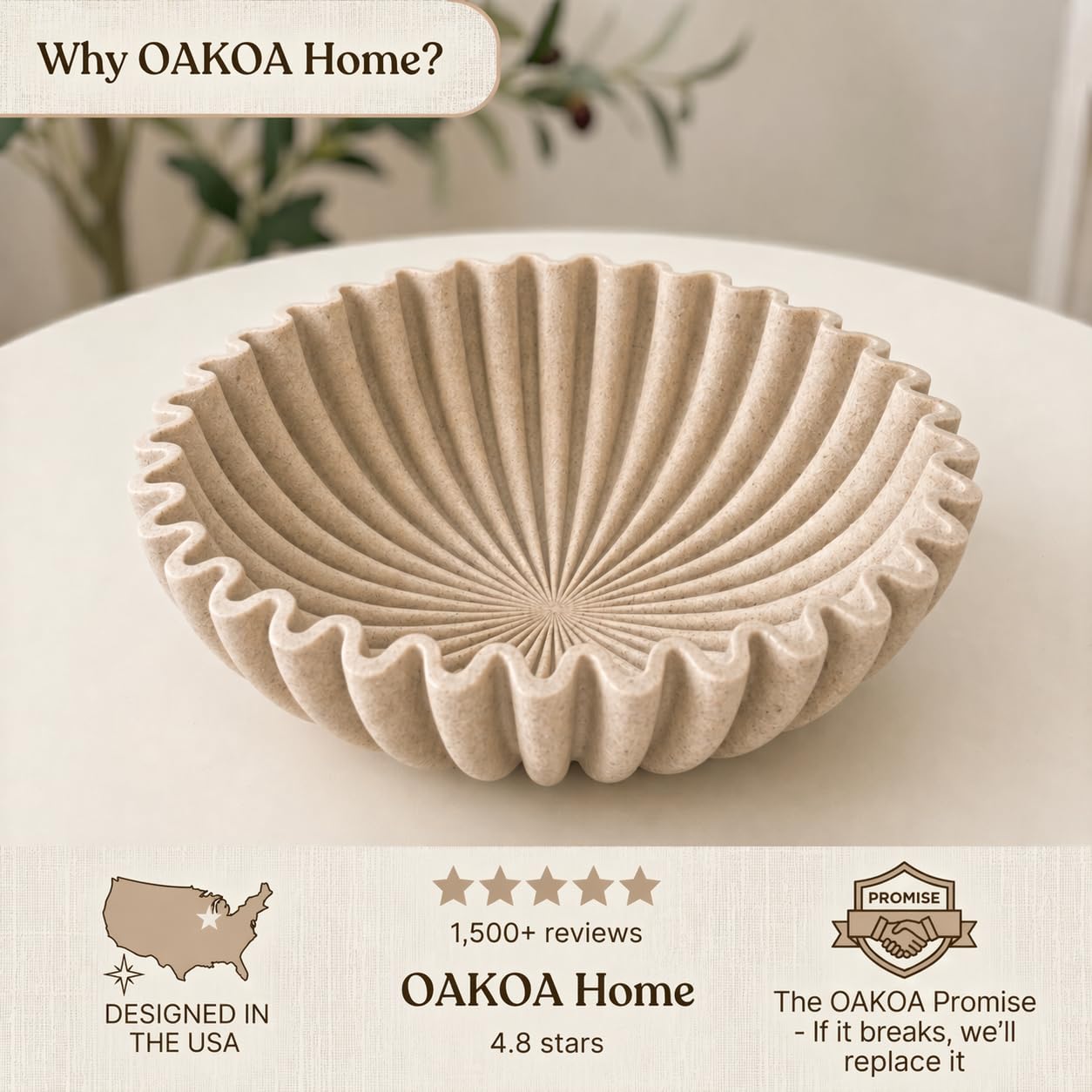 OAKOA large decorative bowl on coffee table as a centerpiece with beige finish.