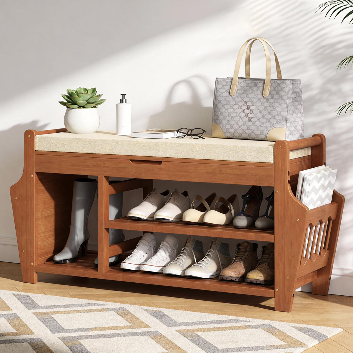 Oakvivo 40-55in bamboo shoe bench with side holder for organized entryways