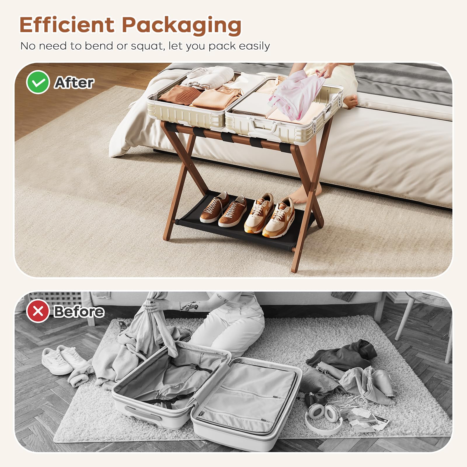 Oakvivo dual-storage luggage rack maximizing bedroom space