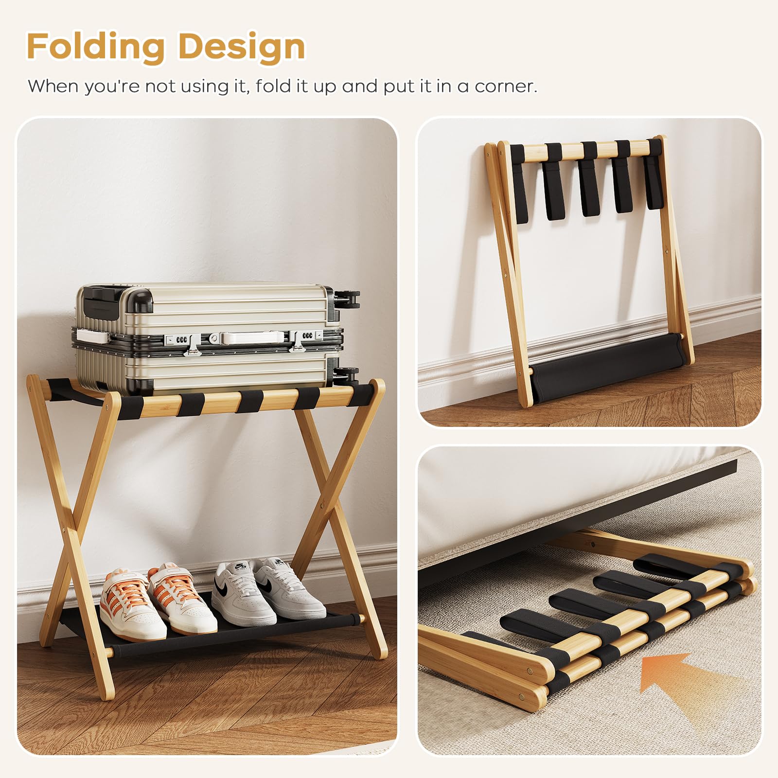 oakvivo luggage rack with five removable nylon straps for securing items.