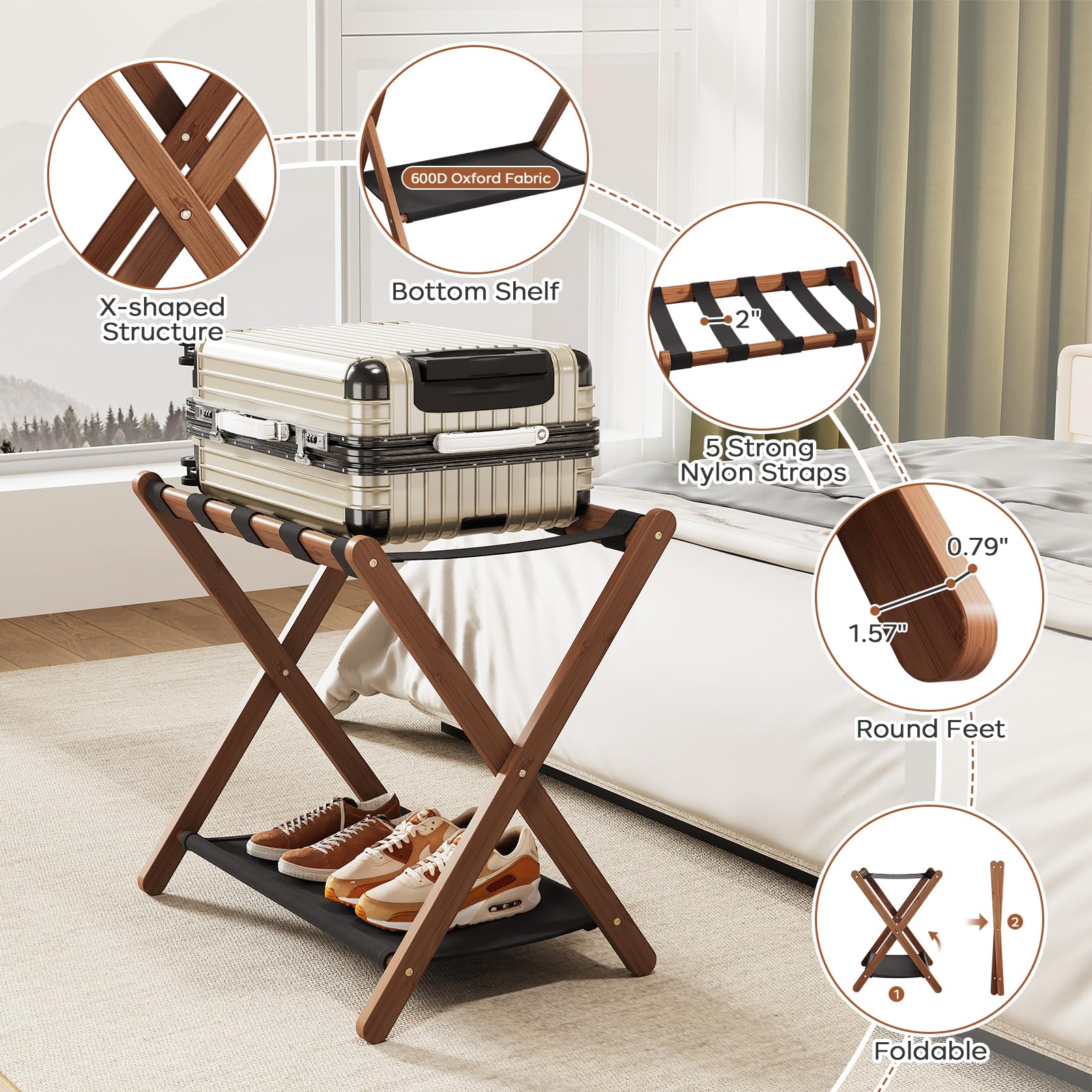 Oakvivo folding luggage rack shown in compact form for easy storage