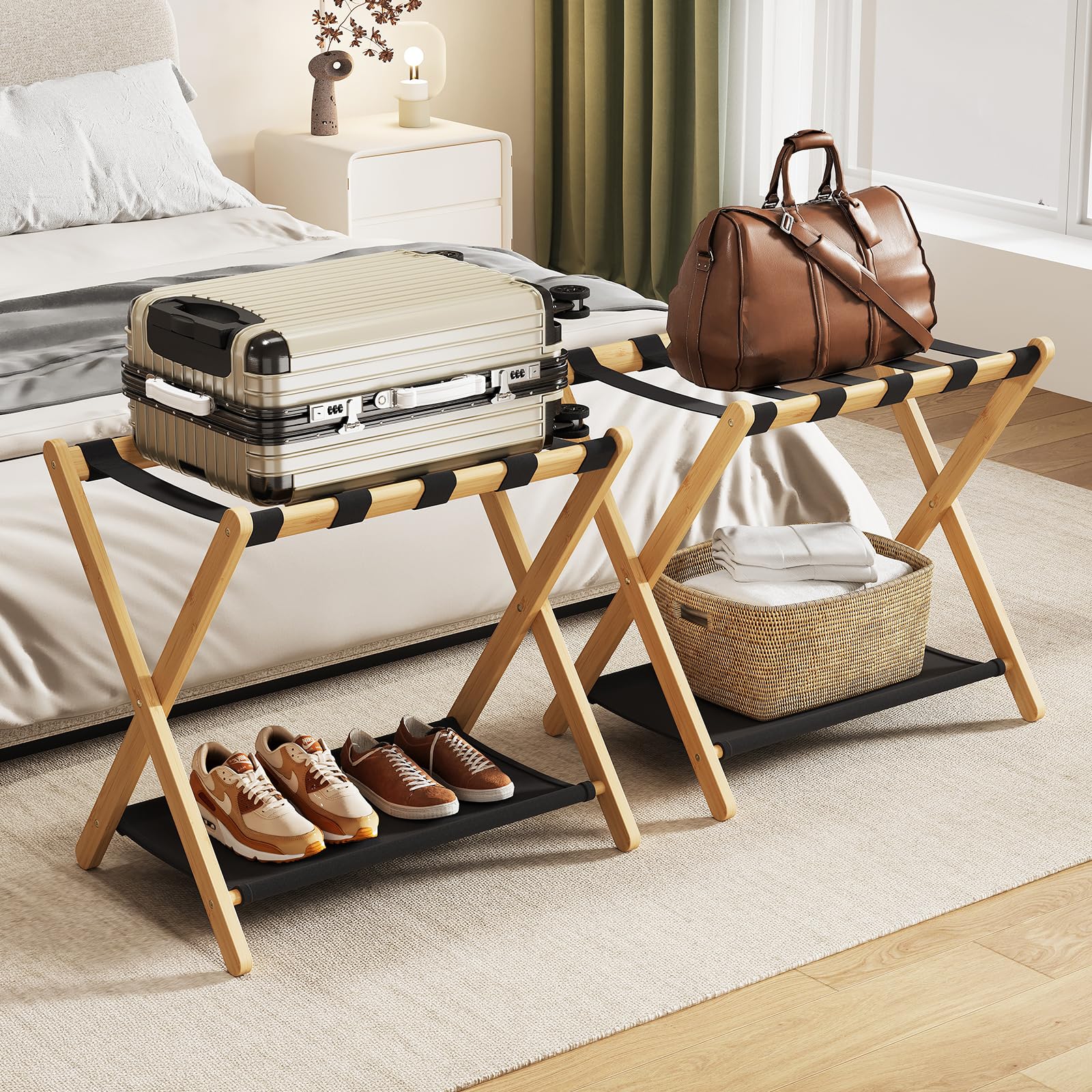 oakvivo bamboo luggage rack fully assembled for guest rooms.