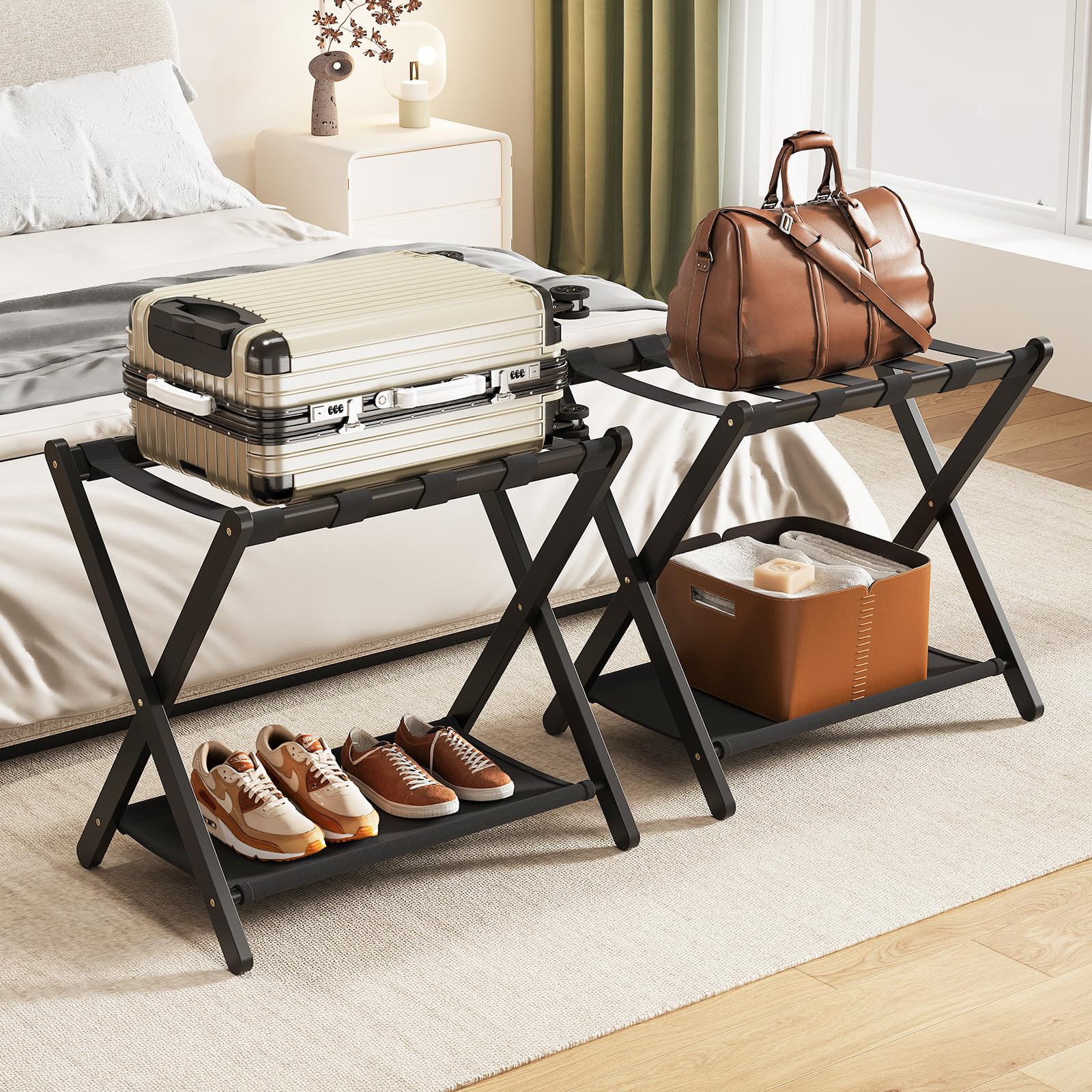 oakvivo luggage rack fully assembled and ready to place in a guest room.