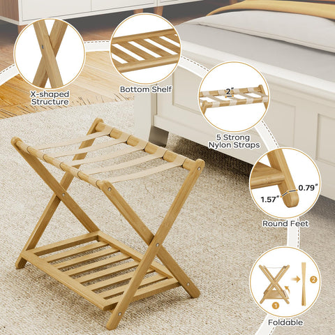 oakvivo bamboo luggage rack top view showing smooth finish and sturdy frame