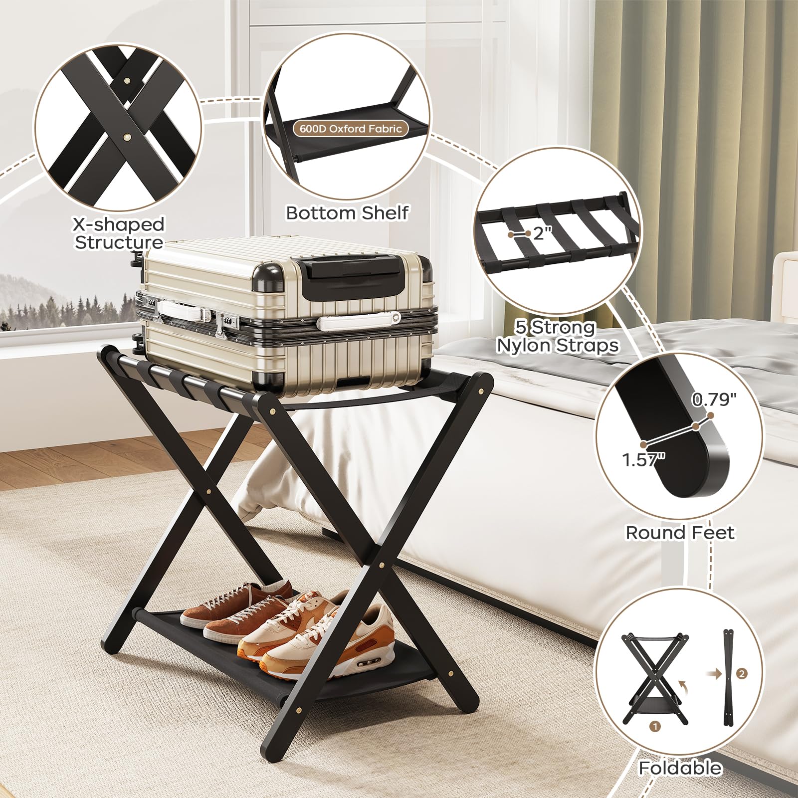 oakvivo luggage rack in a bedroom adds guest-friendly organization.