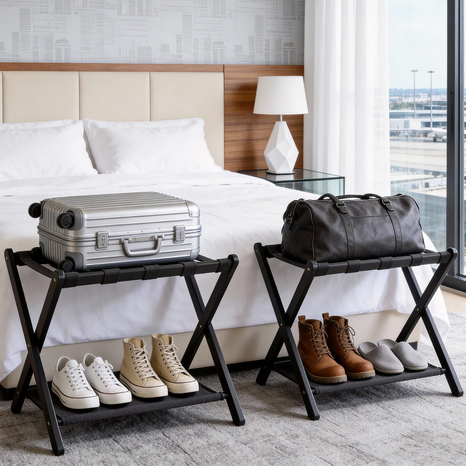 oakvivo luggage rack in hotel room enhances guest convenience.