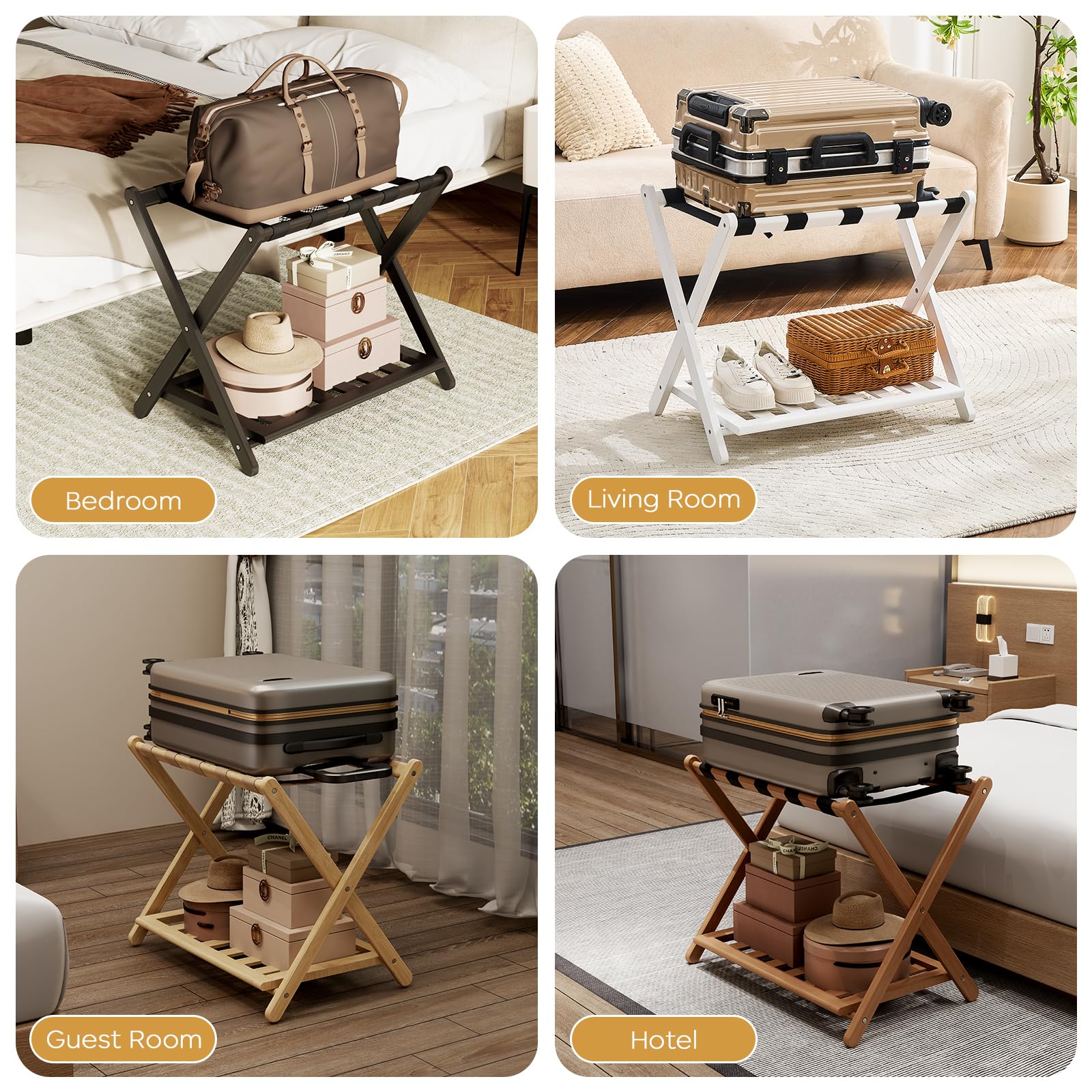 oakvivo luggage rack in a hotel room offering guest-ready organization