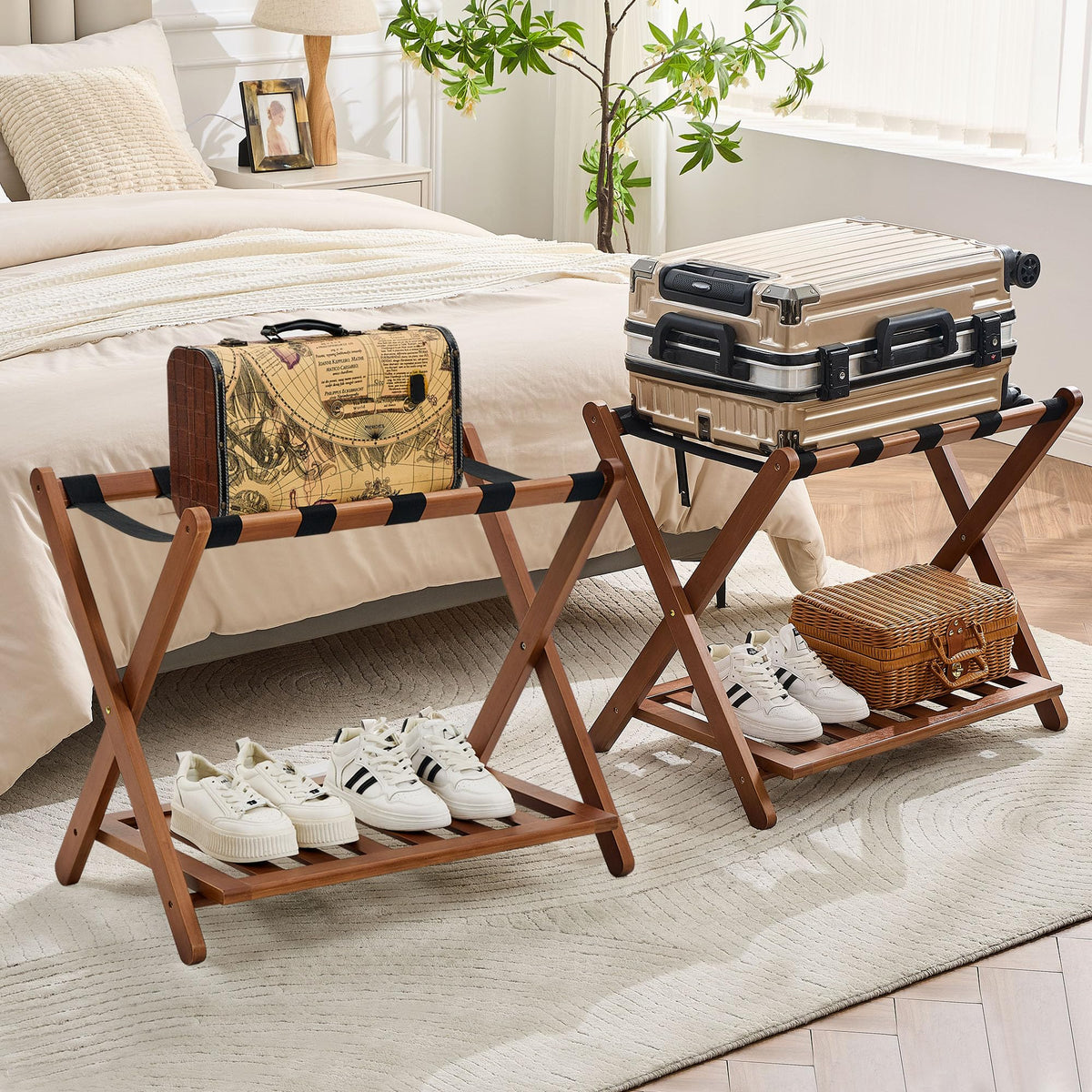Oakvivo walnut luggage rack set, fully assembled, ready for guest room use.