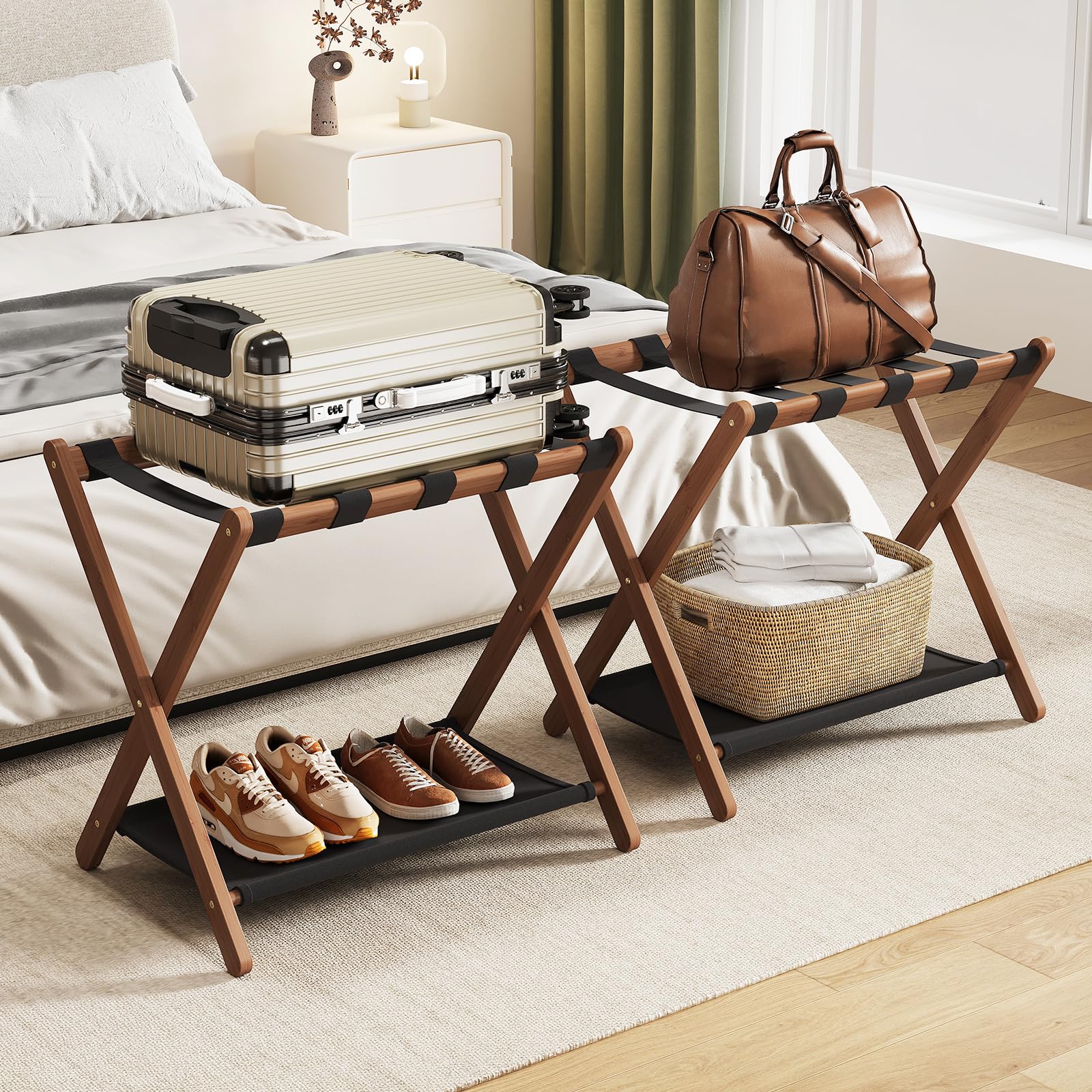 Oakvivo walnut luggage rack fully assembled for effortless setup and guest-ready organization