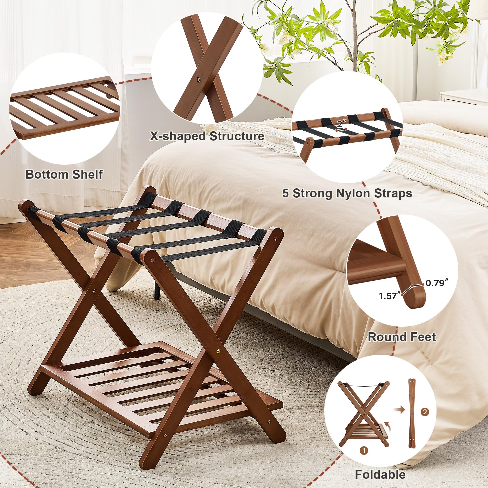 Oakvivo walnut luggage rack in room enhances guest room organization.